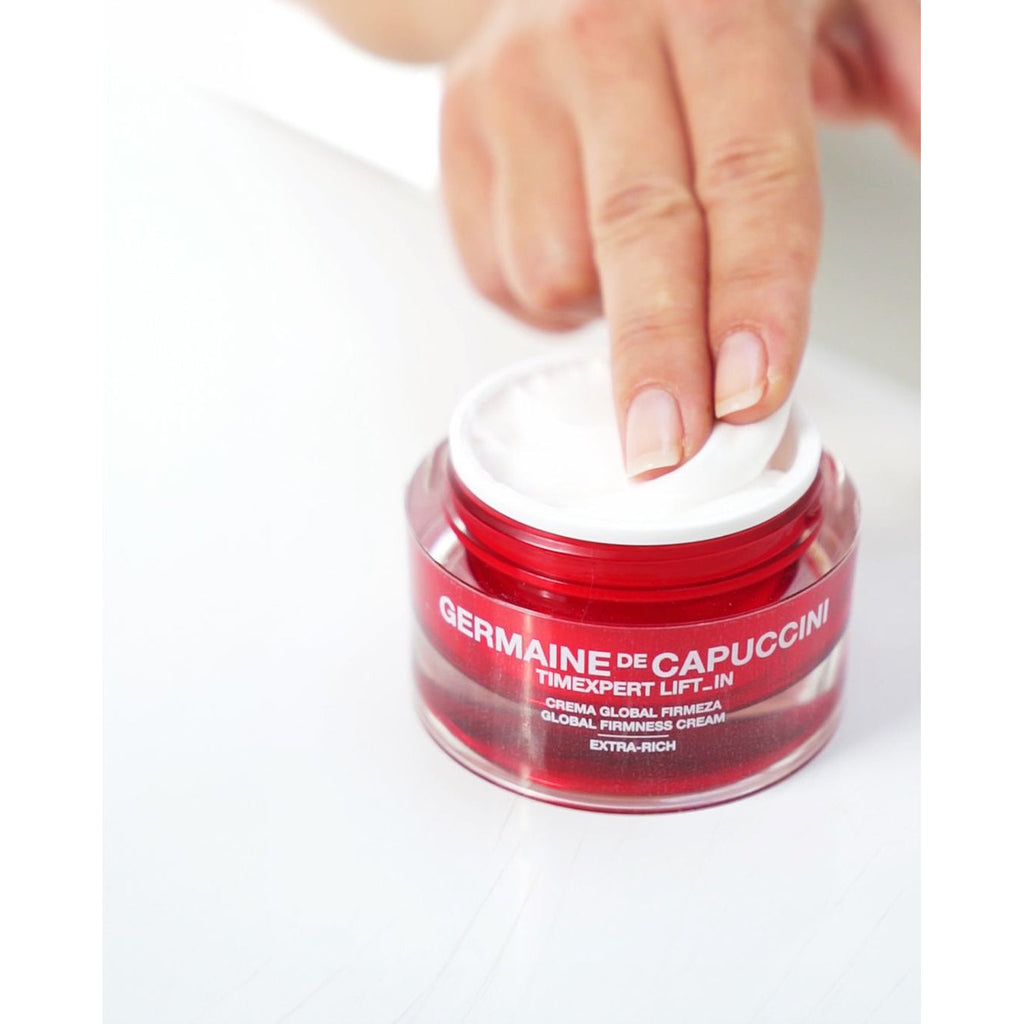 T Lift_IN Global Firming Cream jar, extra rich texture, best anti-ageing cream, in model hands