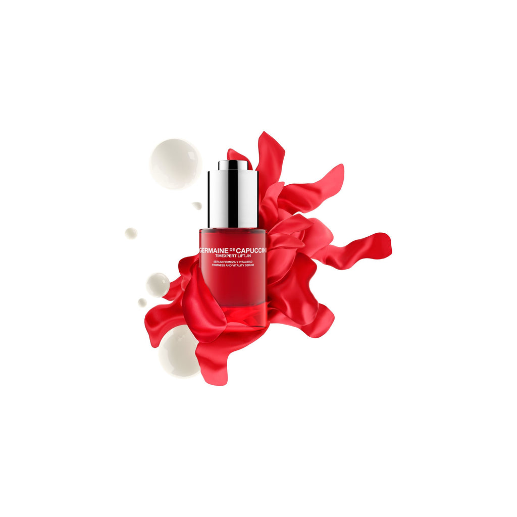 Timexpert Lift_IN Firmness and Vitality Serum, best anti-ageing serum, bottle with serum droplets texture deatils, red silk backgroun , front side
