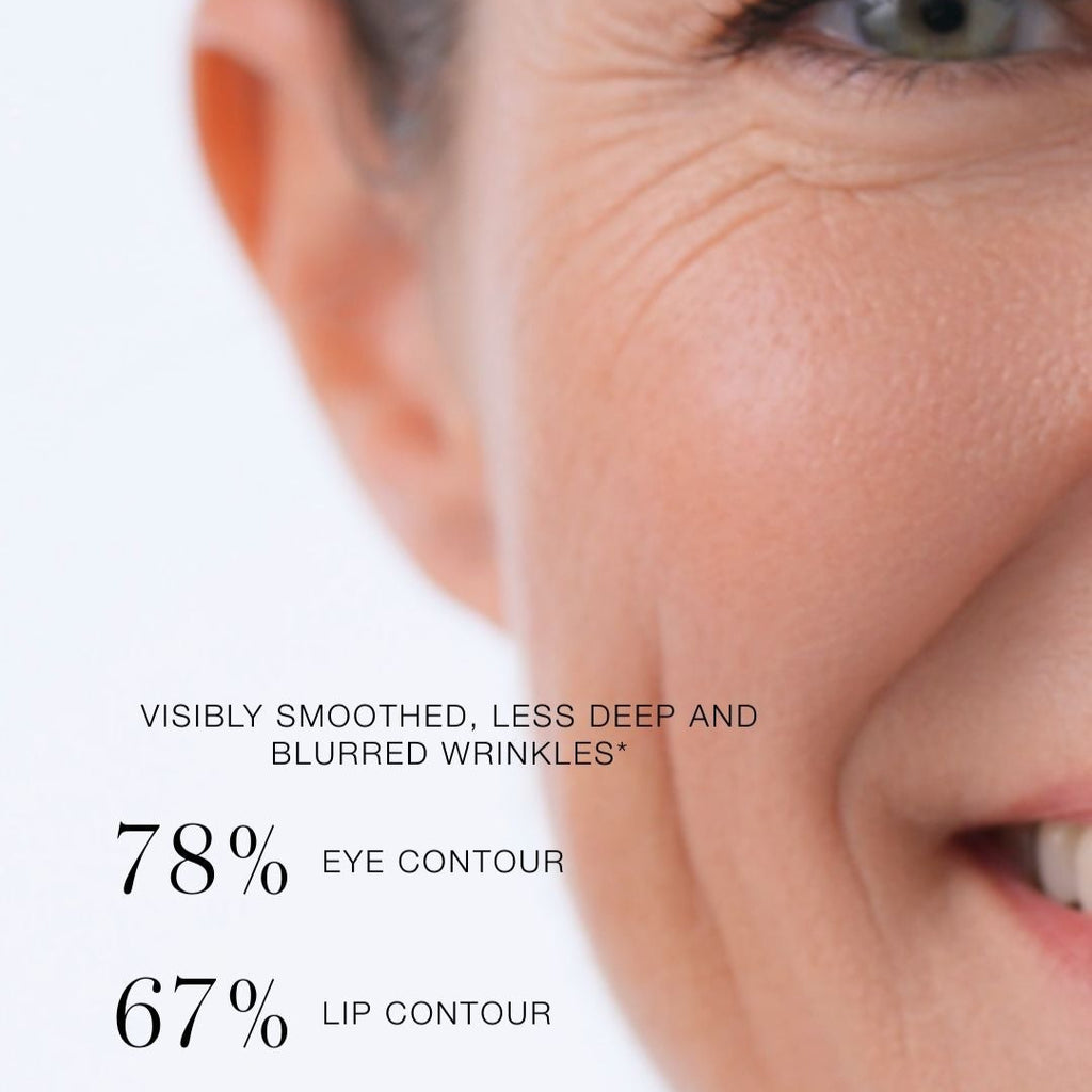 Close-up of a person's face with text indicating wrinkle reduction percentages.