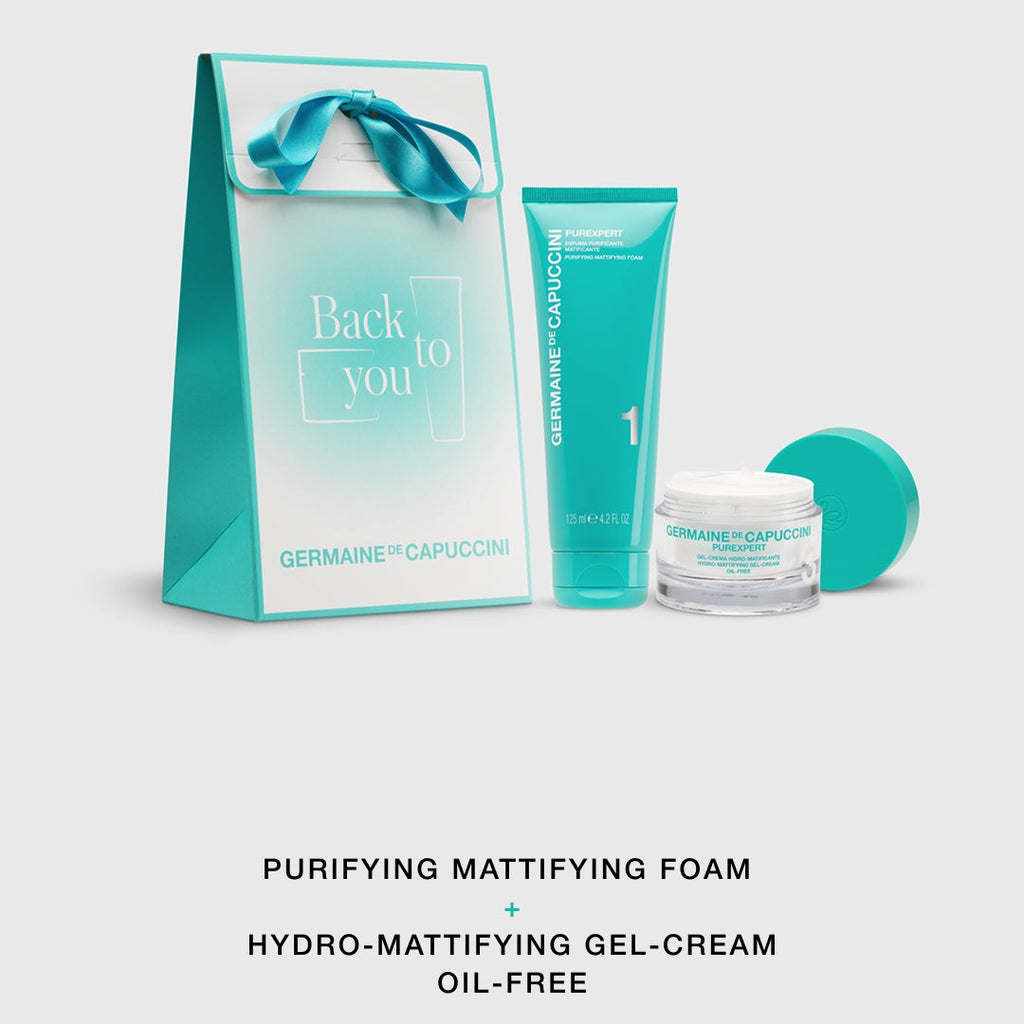 Cosmetic products including a bag, tube, and jar with text on a light gray background