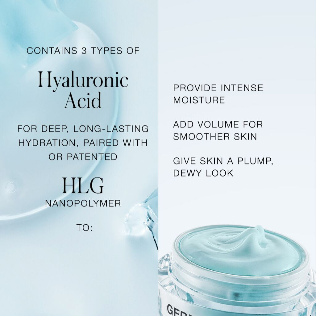 Cosmetic jar with hyaluronic acid text on a light blue background