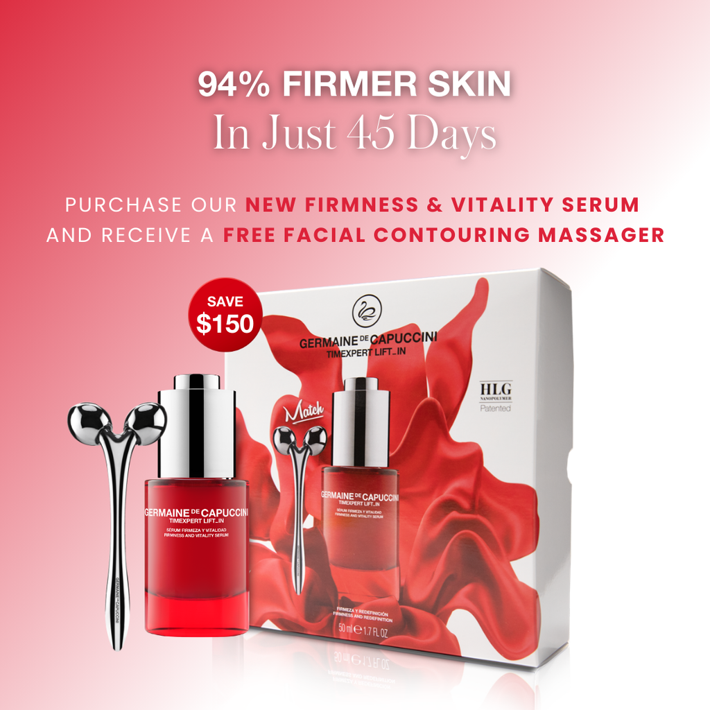 Timexpert Lift_IN Promo Firmness and Vitality Serum red bottle with Face Massage roller device, front side, 94% Firmer Skin in just 45 days