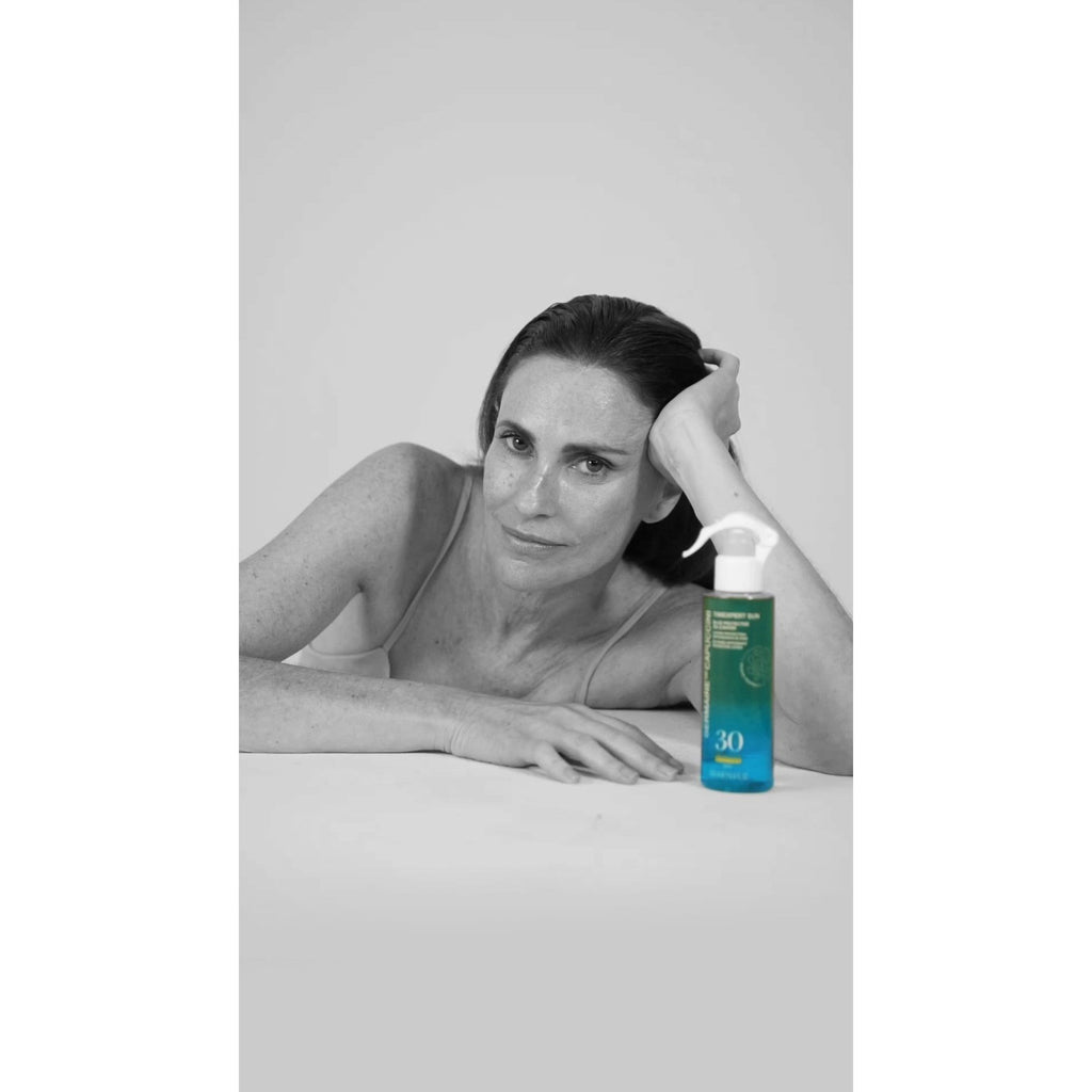 T Sun Blue Bi-Phase Lotion SPF30 with model, front-facing