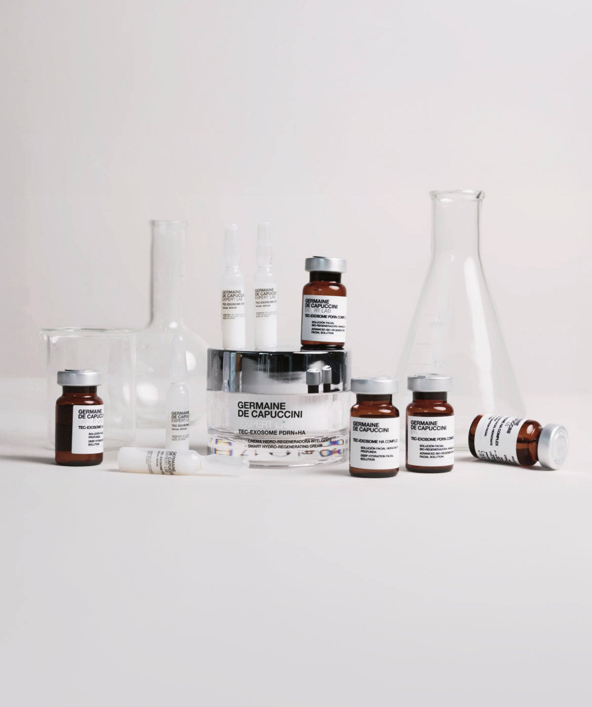 Germaine de Capuccini TEC-Exosome product range with laboratory glassware